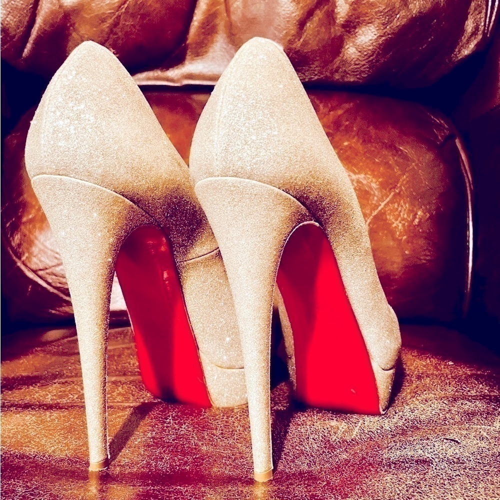 Christian Louboutin Lady Peep 150mm 1" Plat, Champaign Glitter wrapped Lthr EU40